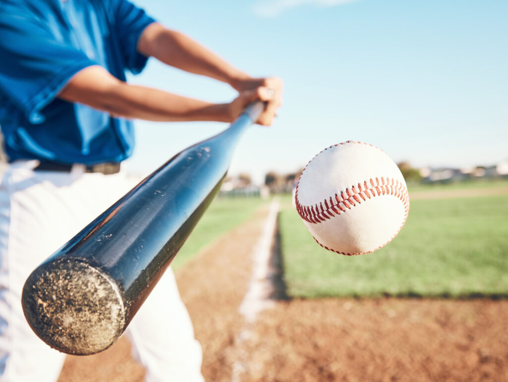 Baseball player making contact with ball during TrackMan™ hitting analysis.